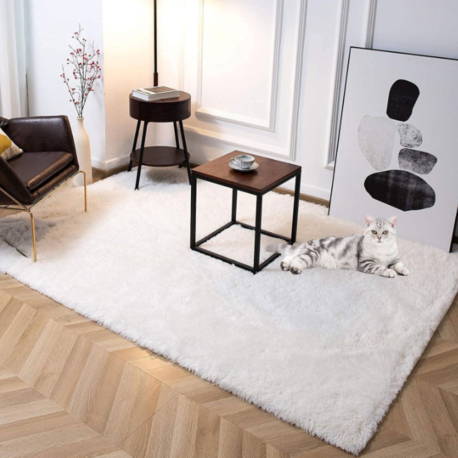 Tapis Salon Shaggy 150 x 190 cm Intérieur Moelleux Épais, Long Shaggy Tapis Salon à Poils pour Chambre à Coucher, Blanc