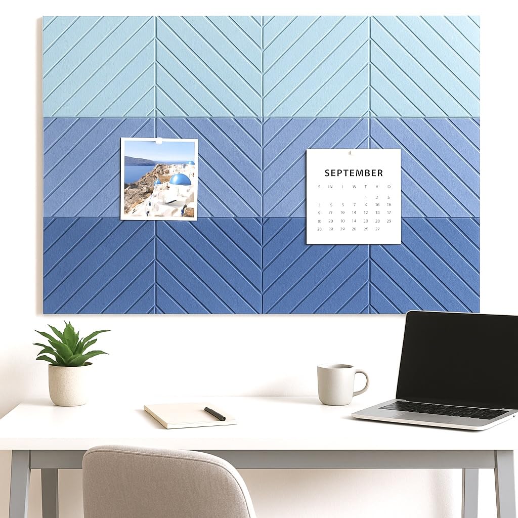 Decorative Felt Wall Tiles Bulletin Board - Large 47" x 35" Modern Pin Board Wall System for Home, Nursery, Dorm & Classroom - 12 Pack Cork Board Alternative with Push Pins & Adhesive Tabs (Sky)