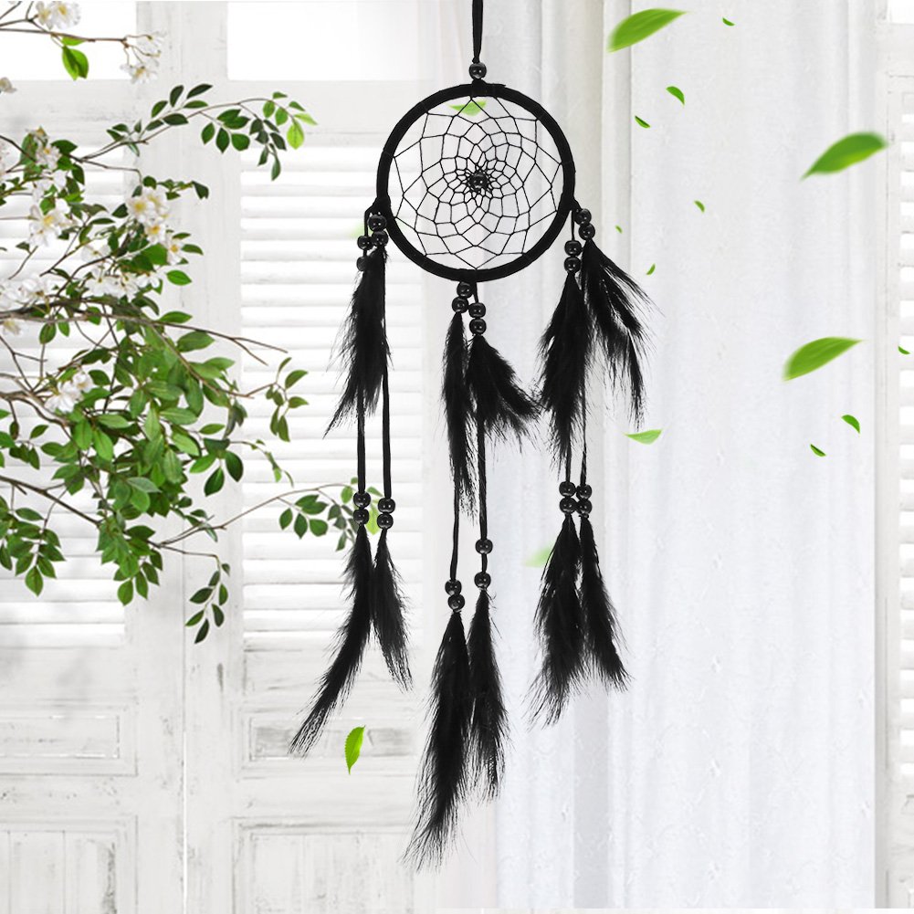 Attrape-Rêves Fait Main Noir avec Perles et Toile, Décoration Murale et Voiture