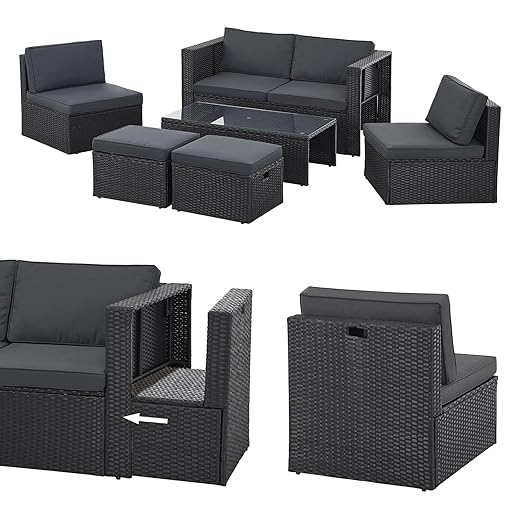 Juskys Salou Polyrattan Garden Lounge Set - Weather Resistant Outdoor Lounge for 6 People - Sitting Area with Table & Cushions - for Garden, Balcony, Terrace - Black