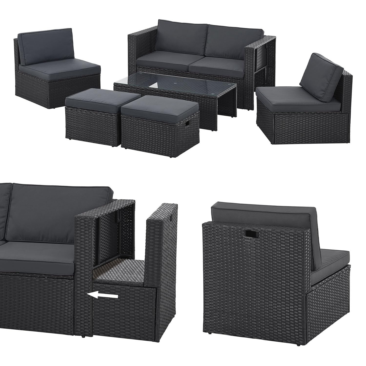 Juskys set di mobili da giardino Salou in polyrattan - Salotto resistente alle intemperie per 6 persone - Con tavolo e cuscini - Per ambienti esterni come giardino, balcone, terrazza - Nero