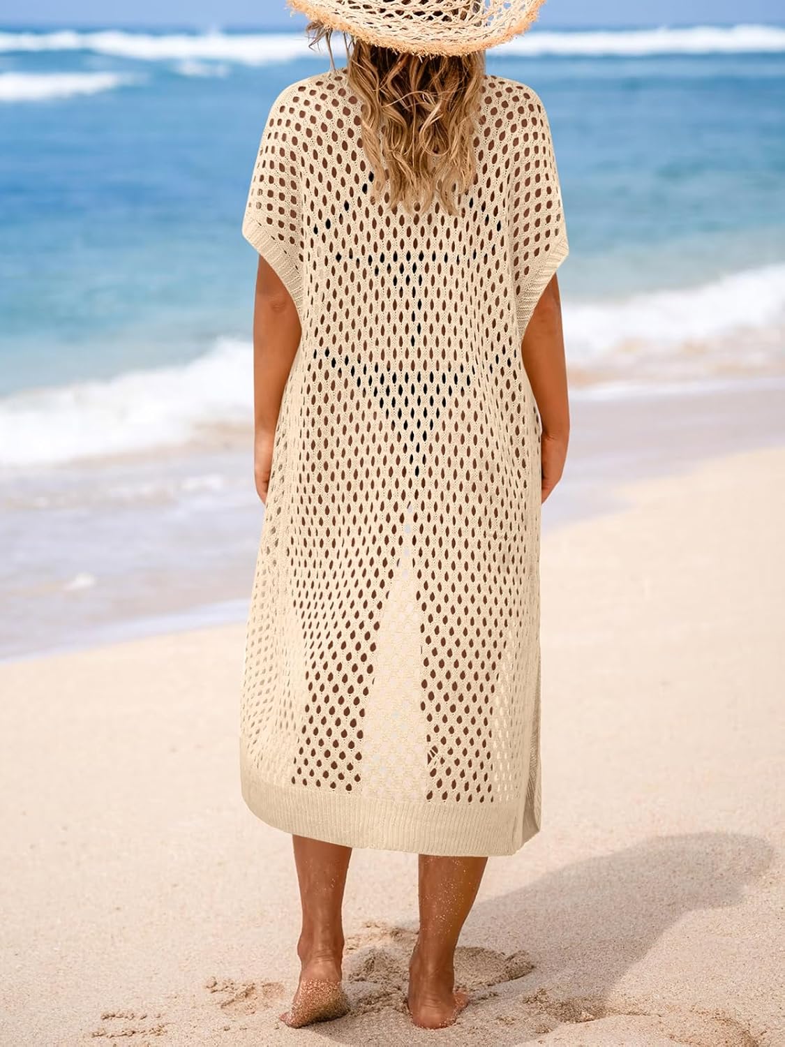 Saodimallsu Women Crochet Swimsuit Coverup Short Sleeve Open Front Long Cardigans Maxi Boho Knit Beach Outfits