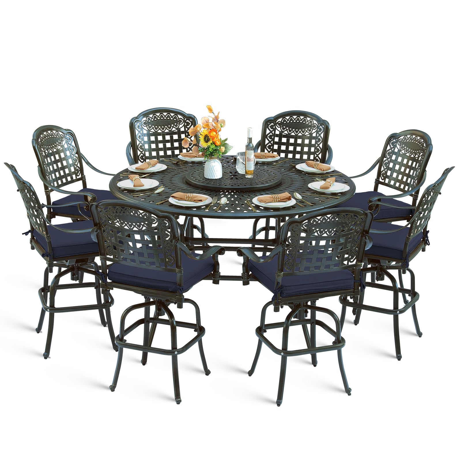 MEETWARM 10-Piece Outdoor Bar Set, All Weather Cast Aluminum Patio Bar Furniture with 8 Cushioned Swivel Bar Stools, Large 61" Round Patio Bar Height Table with Detachable Lazy Susan, Umbrella Hole