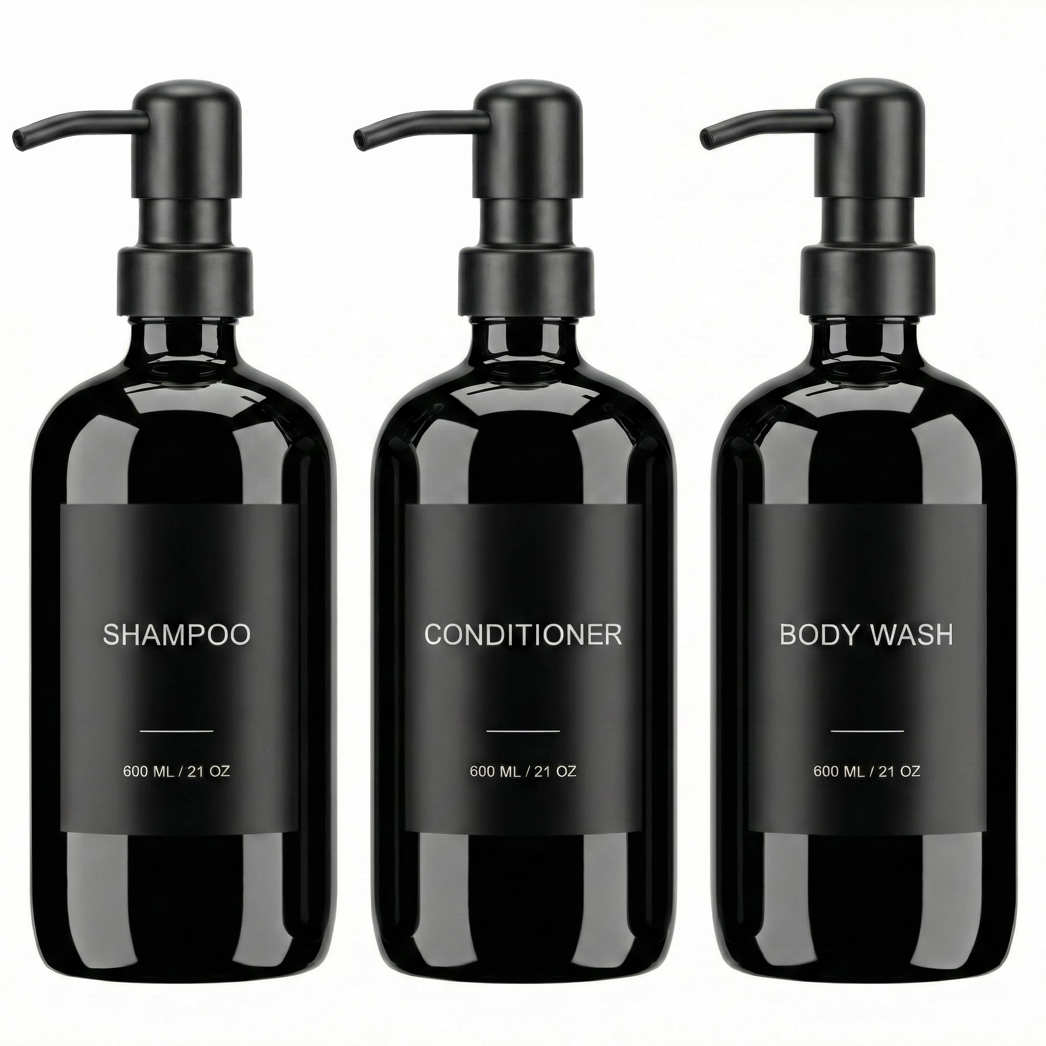 Shampoo and Conditioner Dispenser Set - 3 Pack 600ml/21oz Refillable PET Shower Bottles with Stainless Steel Pump, Funnel & Labels, Bathroom Shower Dispenser (Black)
