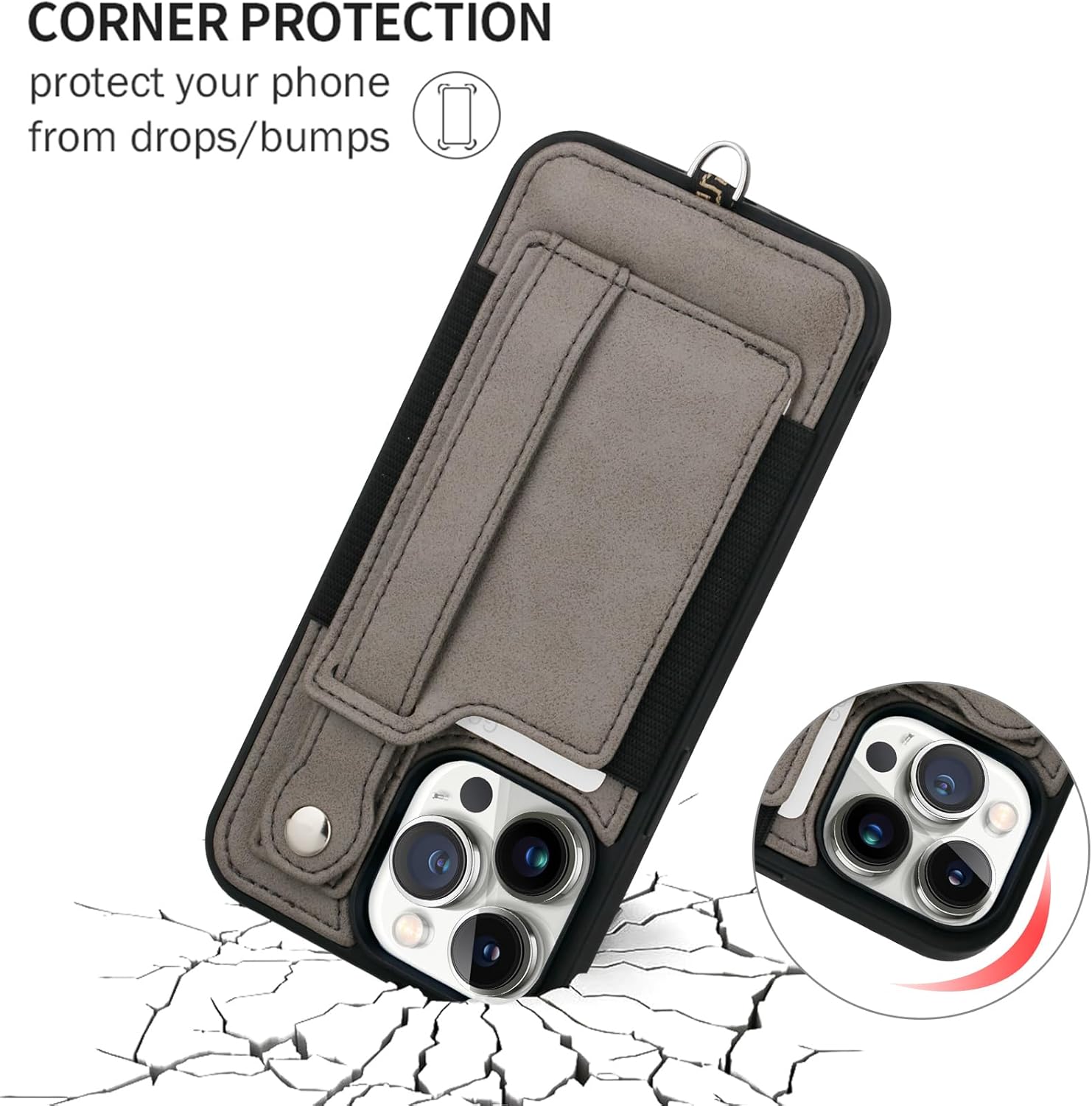 TOOVREN Phone Cover for iPhone 15 Pro Wallet Case with Card Holder Stand Neck Strap PU Leather Cover Fits iPhone 15 Pro Case with Wallet Lanyard Kickstand Detachable for Women Men 6.1 inch Gray - Image 5