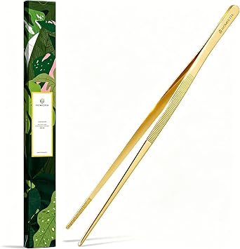 Homestia 12" Kitchen Tweezers Fine Tweezer Tongs, Extra-Long 304 Stainless Steel Cooking Tweezers, Multi-function Metal Tongs with Precision Serrated Tips for Chef, Cocktail, Serving Food, BBQ Gold