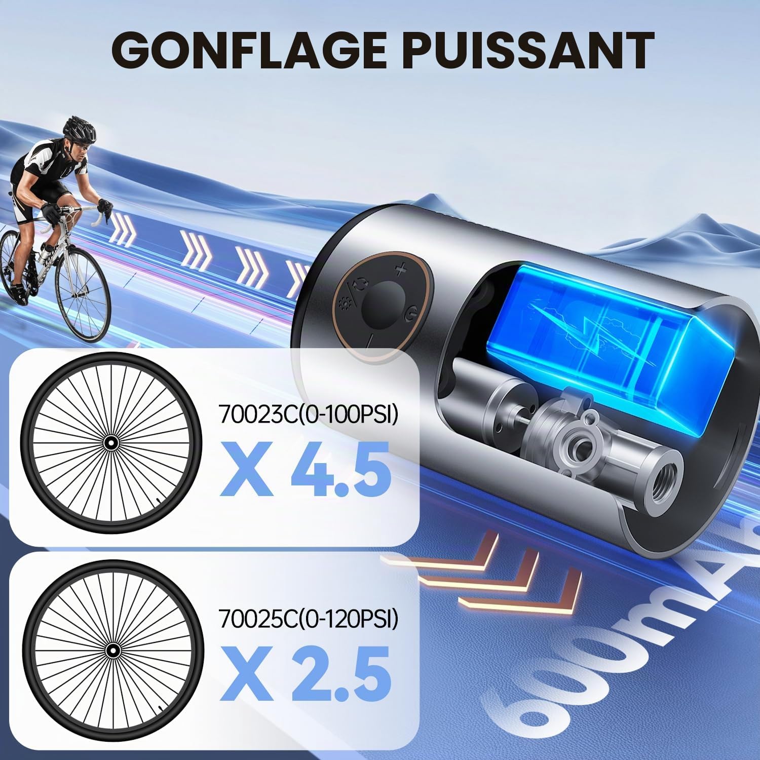 Pompe à vélo Portable, Mini Pompe à vélo électrique 120PSI avec Affichage numérique, valves Presta/Schrader, Arrêt Automatique