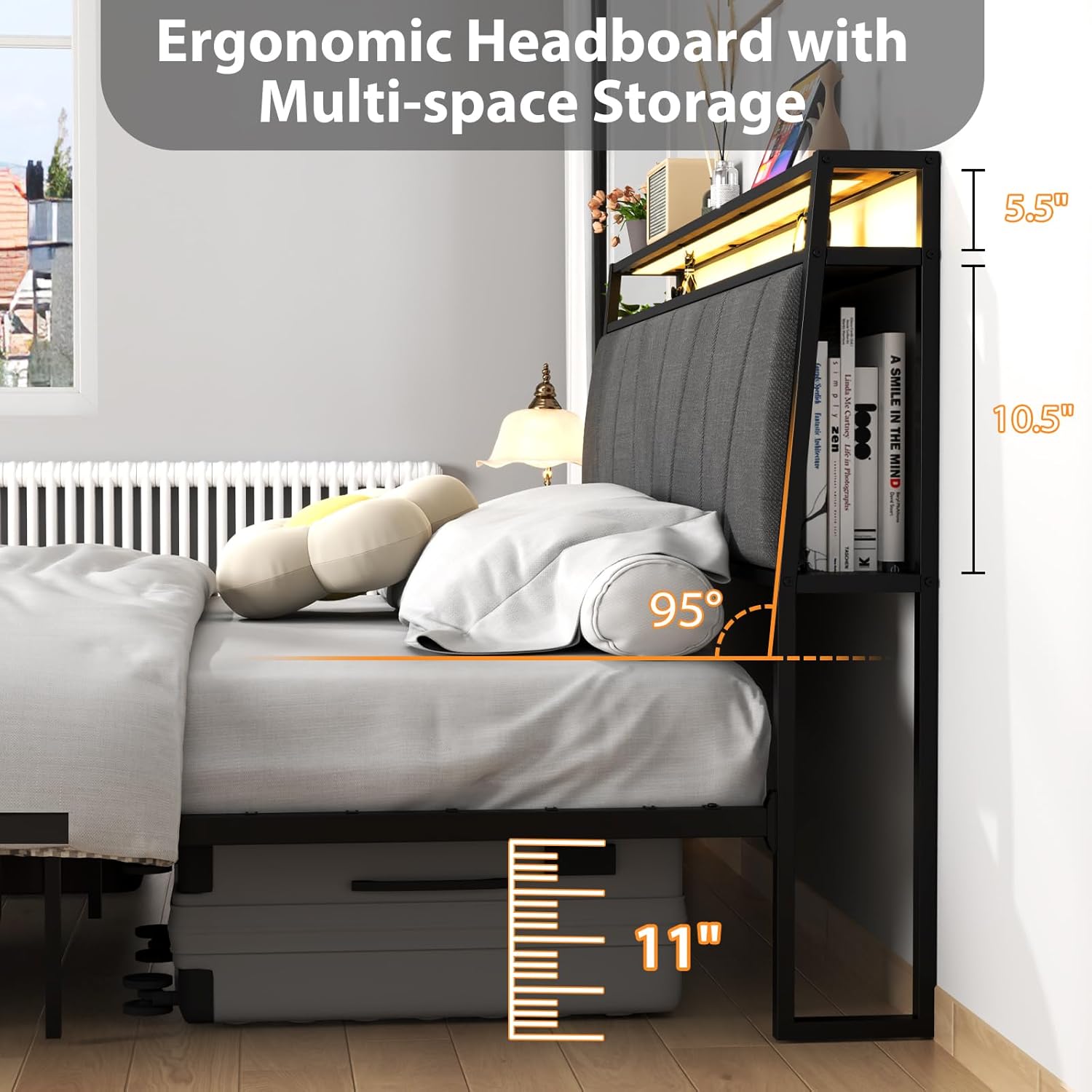 Ergonomic headboard with multi-space storage, showing 95-degree tilt, 5.5 inch top shelf, 10.5 inch side shelf, and 11 inch under-bed clearance