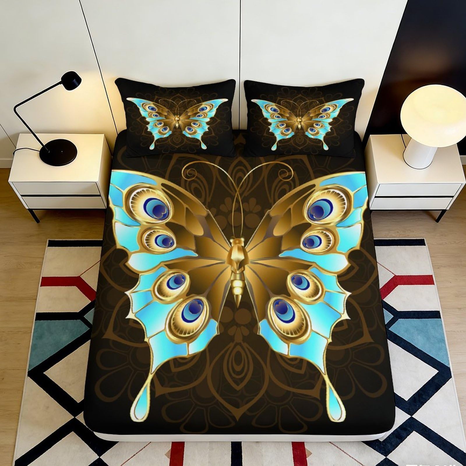 3D Printed Golden Butterfly Fitted Sheet Microfiber Soft Breathable Blue Pattern Bed Cover for Bedroom Dorm Mattress Protection Decor 200x200x25cm