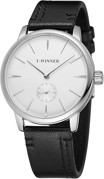 Forsining Mens Mechanical Hand Wind Analog Sport Style Wrist Watch with Leather Strap, White/Black, Fashion