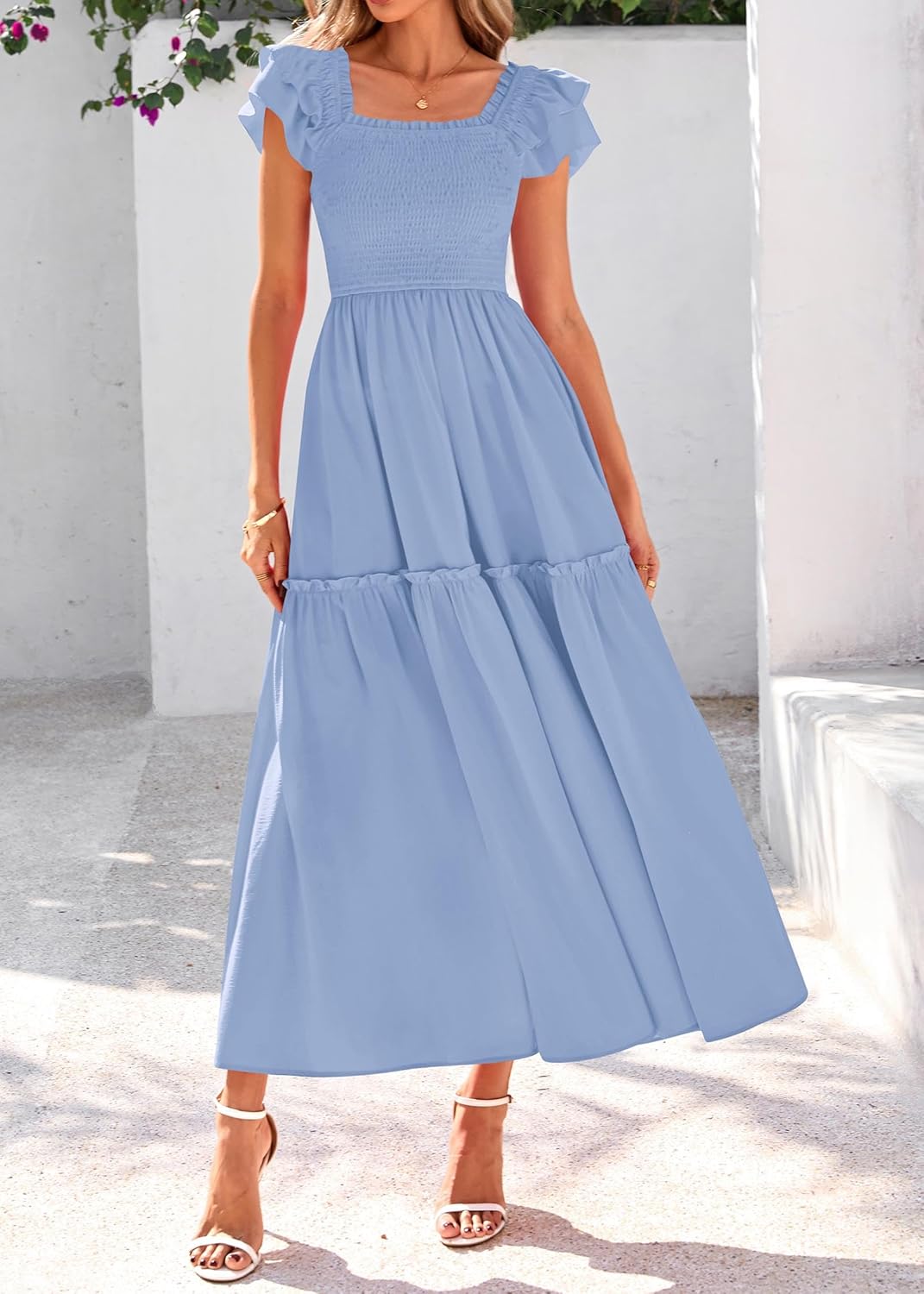 KIRUNDO Smocked Summer Dresses for Women 2026 Wedding Guest Midi Flowy Ruffle Short Sleeve Square Neck Tiered Sundress