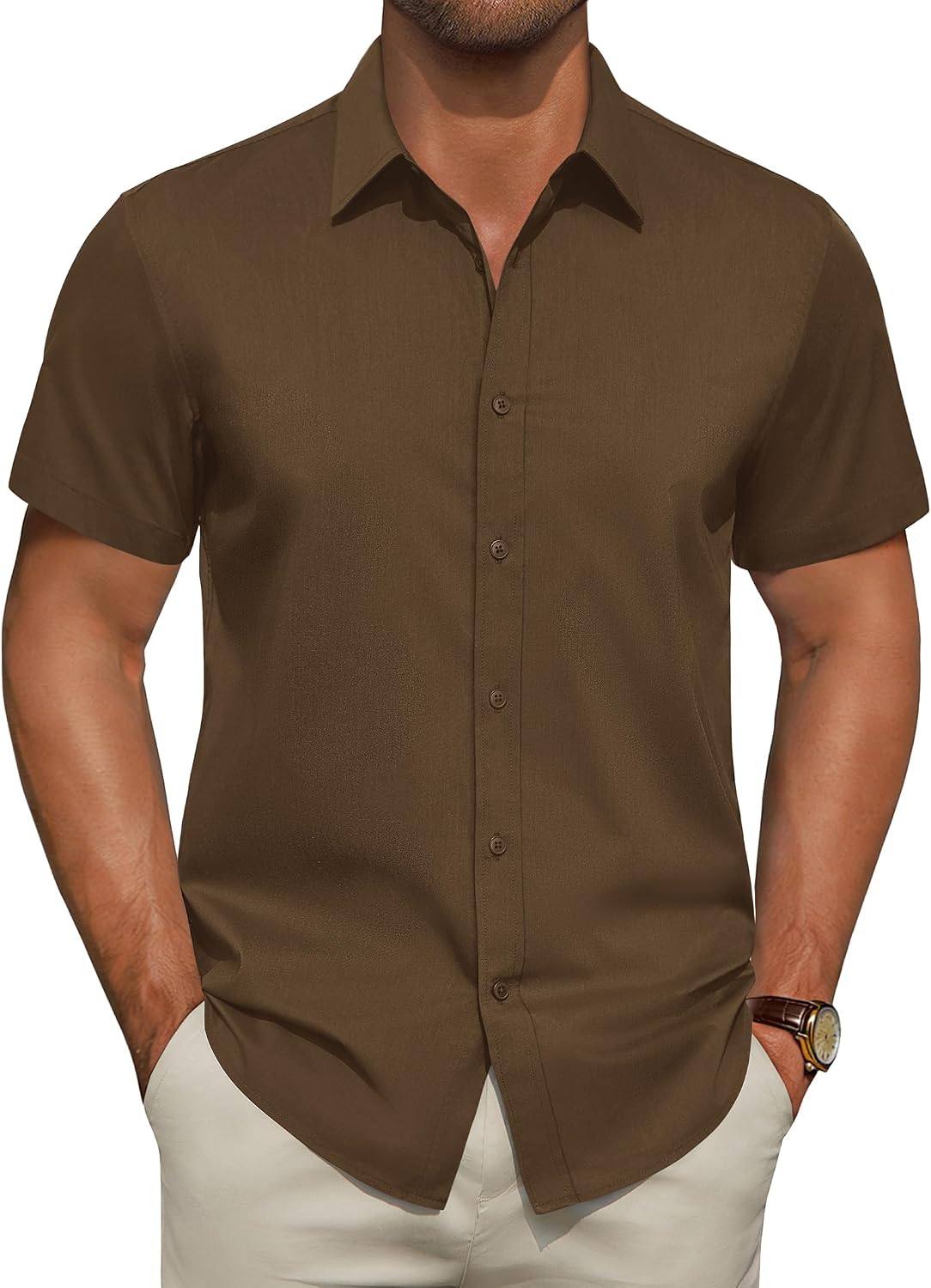 Men's Short Sleeve Dress Shirts Stretch Stain Shield Business Casual Button Down Shirts Solid Formal Wedding Tops