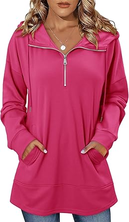 onlypuff Women Hoodie Pullover Trendy Quarter Zipper Lapel Sweatshirts Drawstring Cute Hooded Tunic Tops with Side Pockets