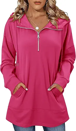 onlypuff Women Hoodie Pullover Trendy Quarter Zipper Lapel Sweatshirts Drawstring Cute Hooded Tunic Tops with Side Pockets