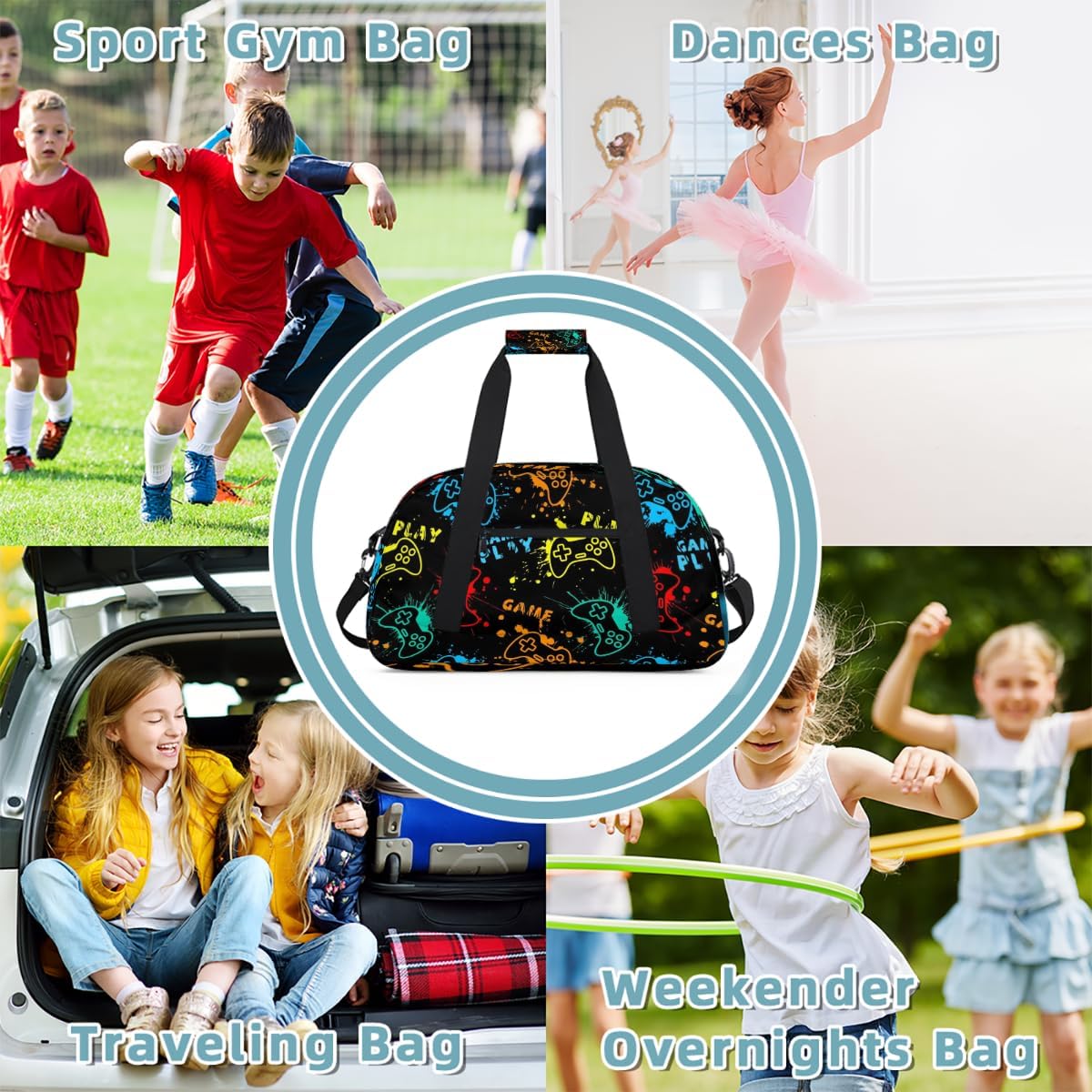 Kids Travel Duffle Bag - Large Sports Gym Bags Duffel Tote for Boys Girls Carry On Weekender Overnight Sleepover Bag(Game Video)