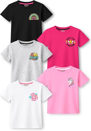 Trampoline Girls Pack of 5 Cotton Printed T-Shirts | Cute Pocket Print Half Sleeve Tops | Multicolor Casual Tees for Kids