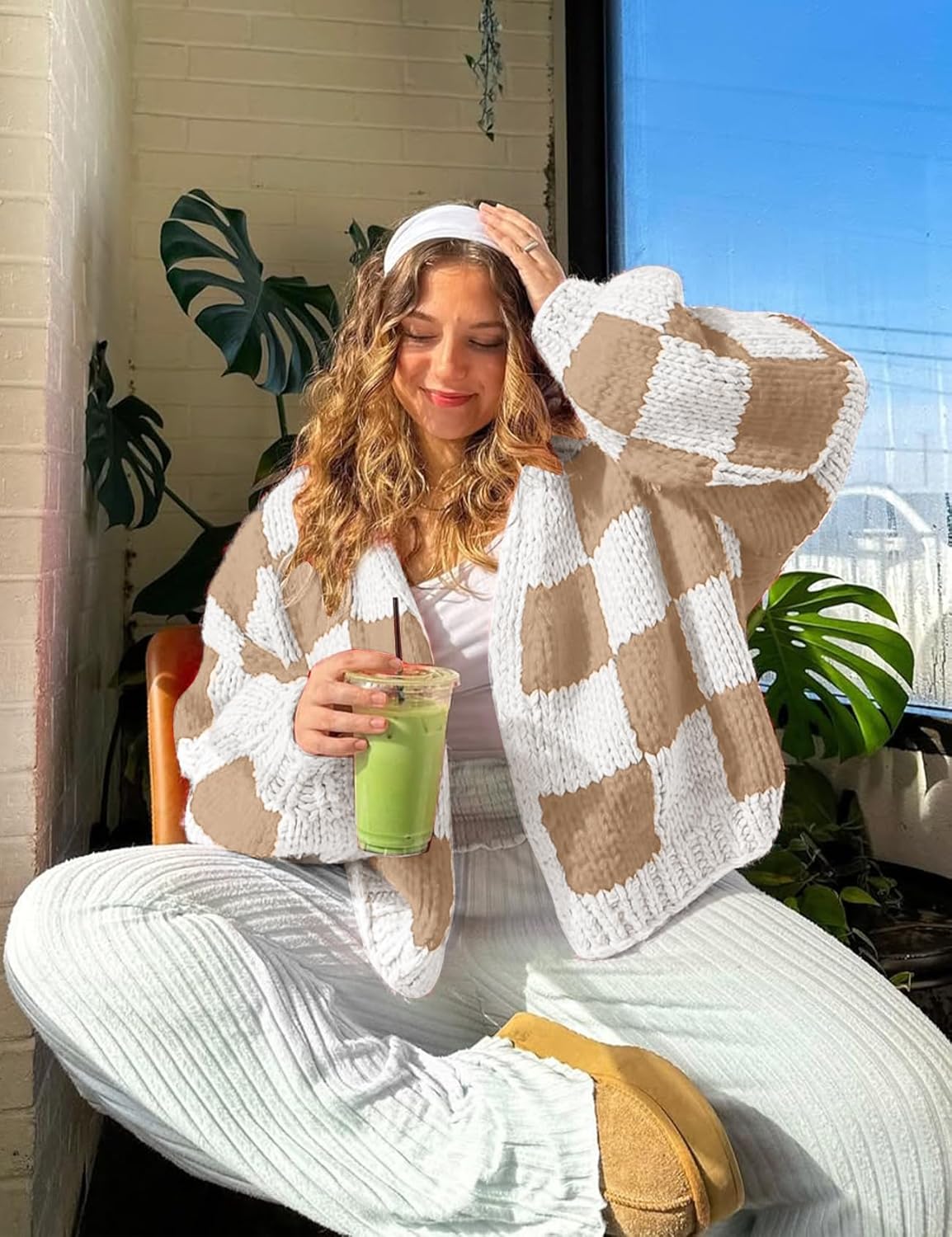 Wyeysyt Checkered Cardigan Sweaters for Women Open Front Long Sleeve Cardigan Cropped Chunky Knit Sweaters Outwear - Image 2