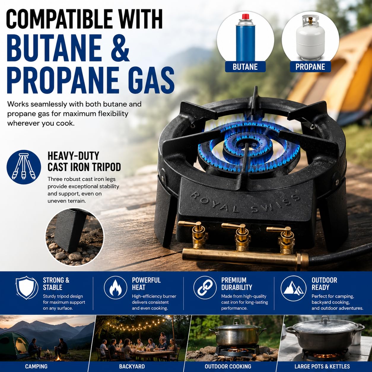 Royal Swiss Hornillo de gas 3 grifos Potente y estable de hierro fundido, cocina 9 kW, facilidad, quemador de gas de exterior potente para cocinar y asar