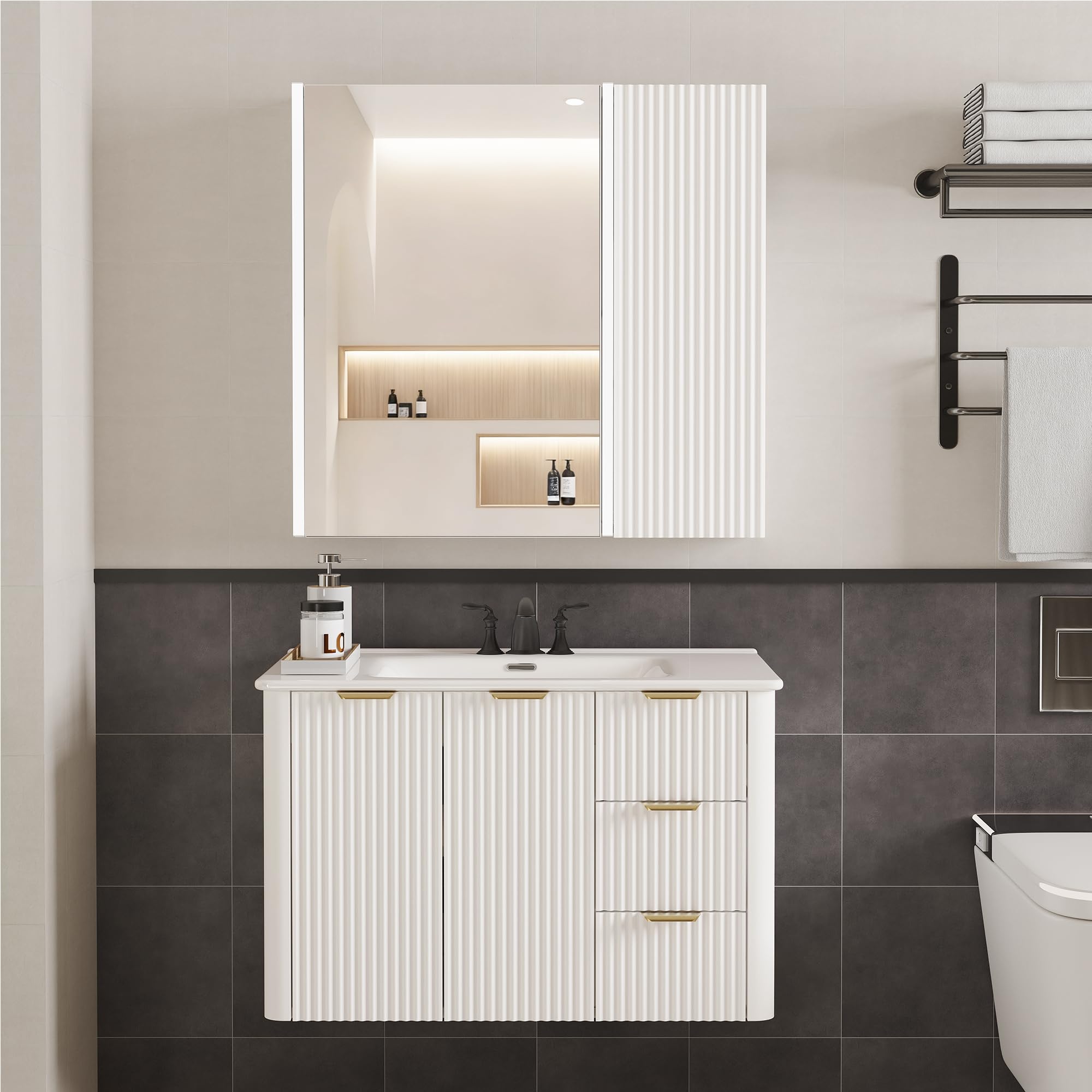 BONITURE 30 Inch Bathroom Vanity with Sink and Medicine Cabinet Mirror with LED Light，Floating Bathroom Vanity Cabinet with 2 Drawers， Fluted Storage