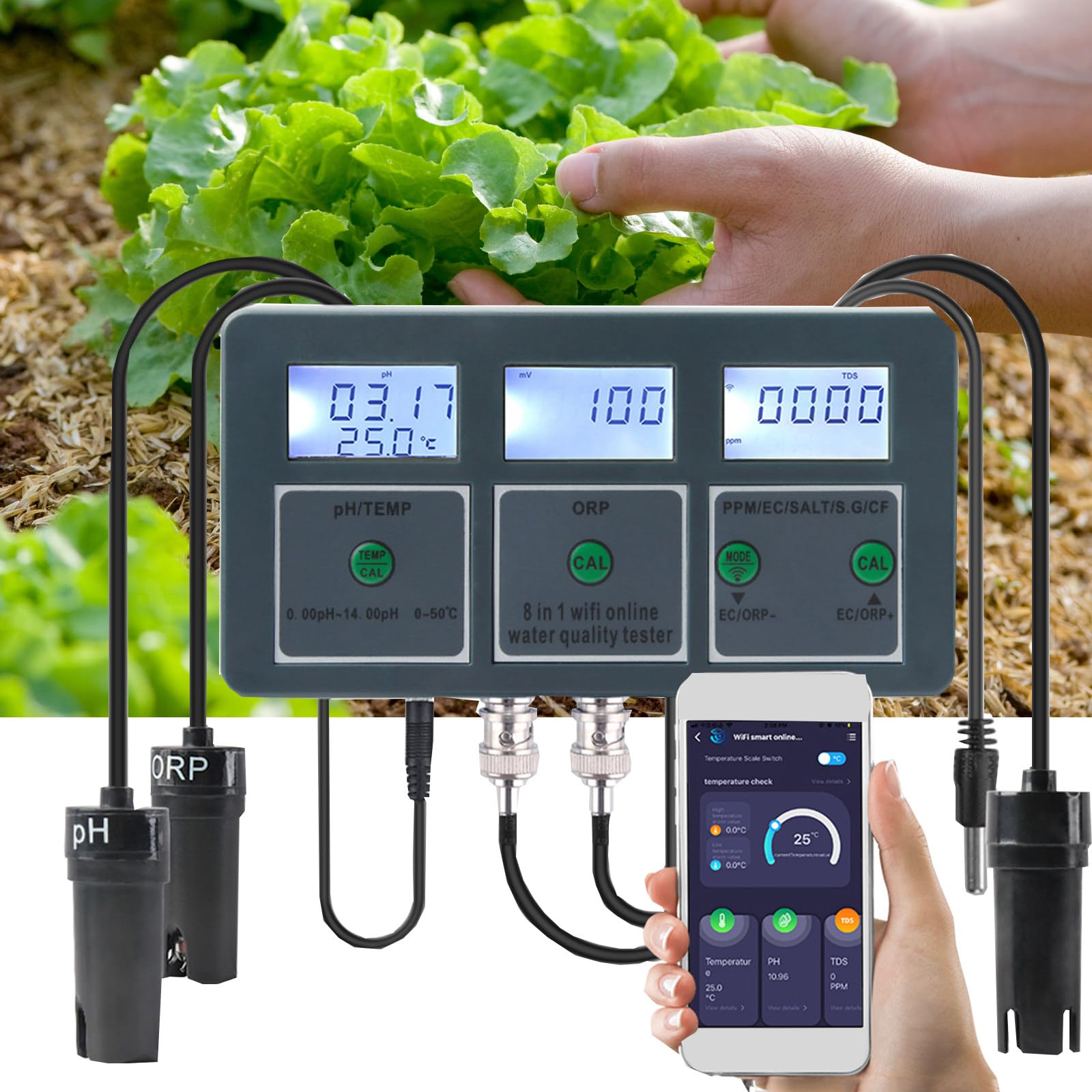 Probador de Calidad del Agua Ph/Temp/EC/CF/RH/Tds Probador de Calidad del Agua Potable Monitoreo de Plantas de Laboratorio de Piscina para Acuario Prueba de Estanque de jardín hidropónico