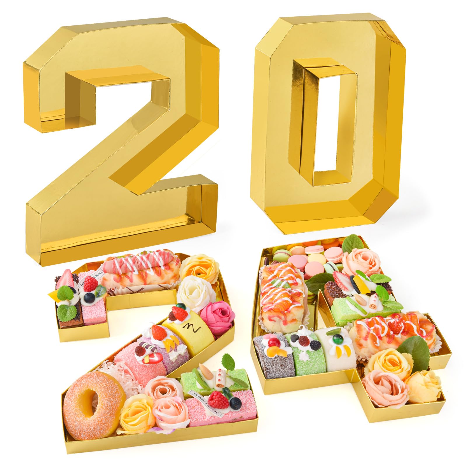 2024 Set Cardboard Number for Charcuterie 10.2'' Gold Fillable Tray Charcuterie Paper Box for Graduation Anniversary Birthday Party Decorations Candy Cupcake Container