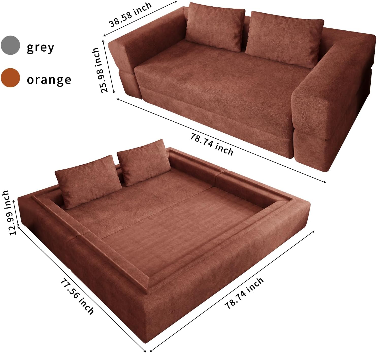 78.7" Comfortable Straight-Row Sofa with 2 Pillow,2-in-1 Multi Functional Loveseat Couch,Chenille Convertible Sofa Bed,No Assembly Required for Apartment,Living Room,Bedroom,Grey