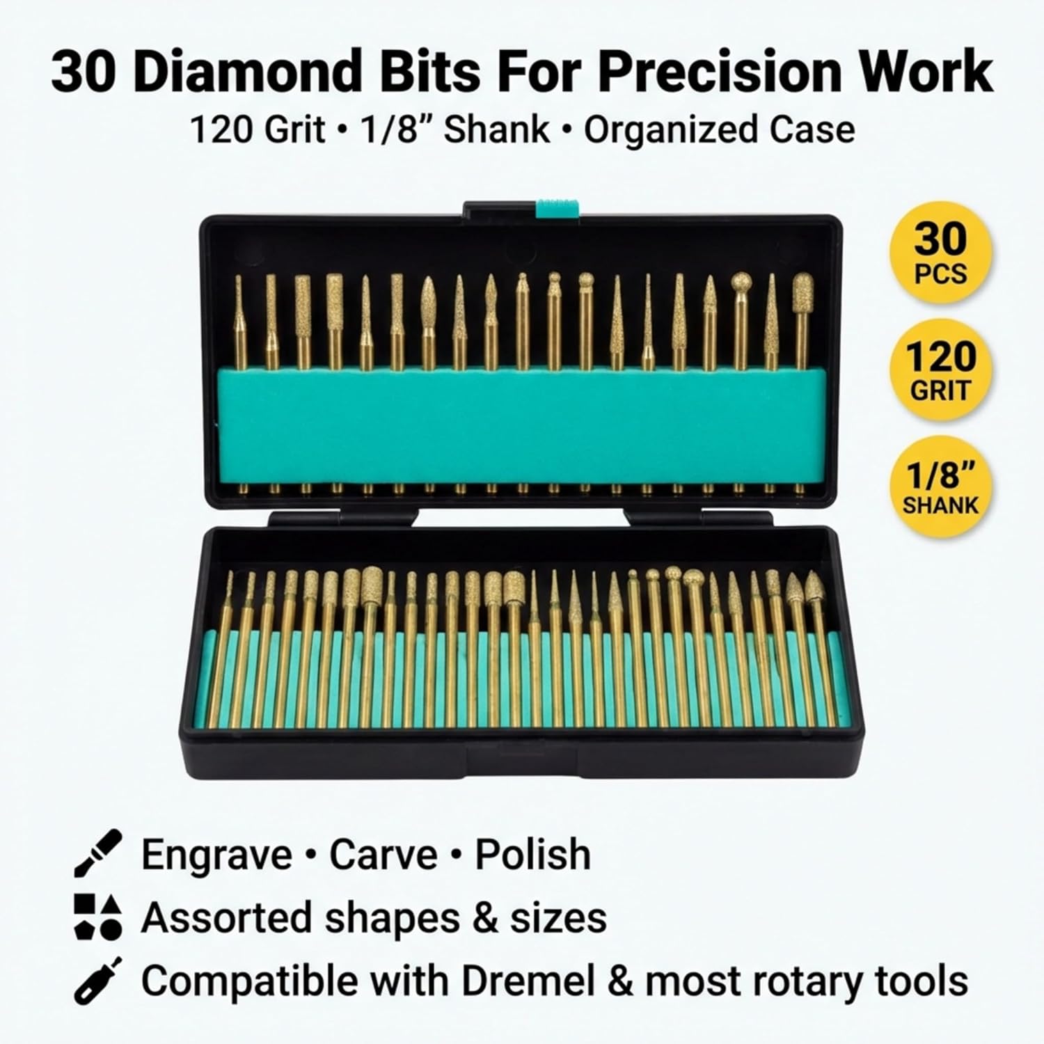 Drilax 30 Pc Diamond Rotary Tool Bits Set, 120 Grit Engraving Carving Kit, 1/8 Inch Shank Compatible with Dremel, Diamond Burrs for Stone Glass Jewelry Making Etching