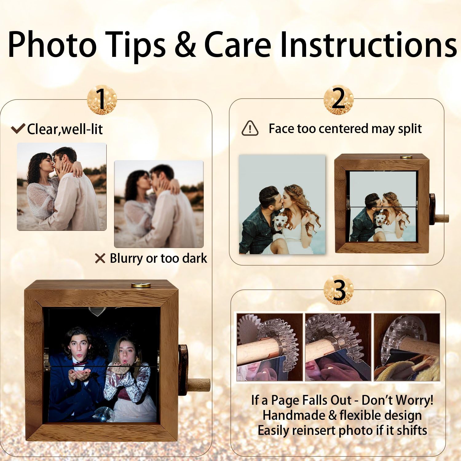 Caja de animación mecánica iluminada personalizada, caja de animación de manivela de fotos personalizada, caja de recuerdo personalizada para parejas románticas (16 fotos, con LED)