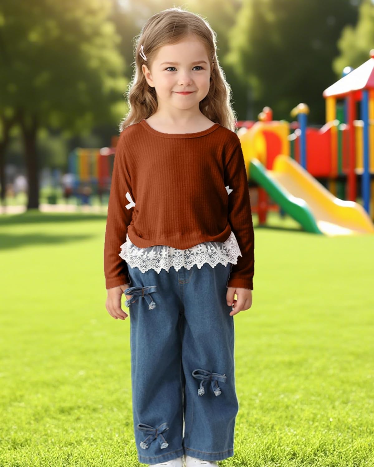 Kucnuzki Toddler Kids Girl Clothes Long Sleeve Shirt Tops Baggy Jeans Cute Pants Set Baby Girl Outfit 2 Piece Clothing - Image 3