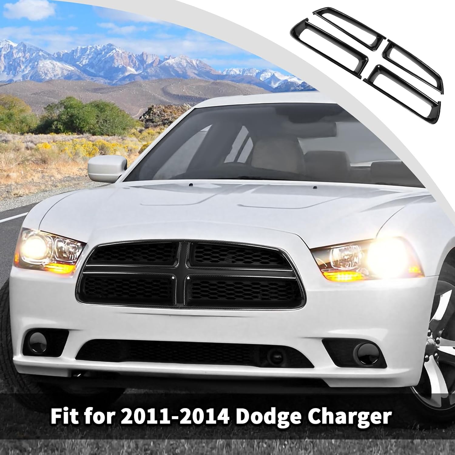 JWWY Front Grille Radiator Grille Inserts Grillwork Trim Fit for 2011-2014 Dodge Charger Exterior Accessories, ABS Carbon Fiber 4pcs