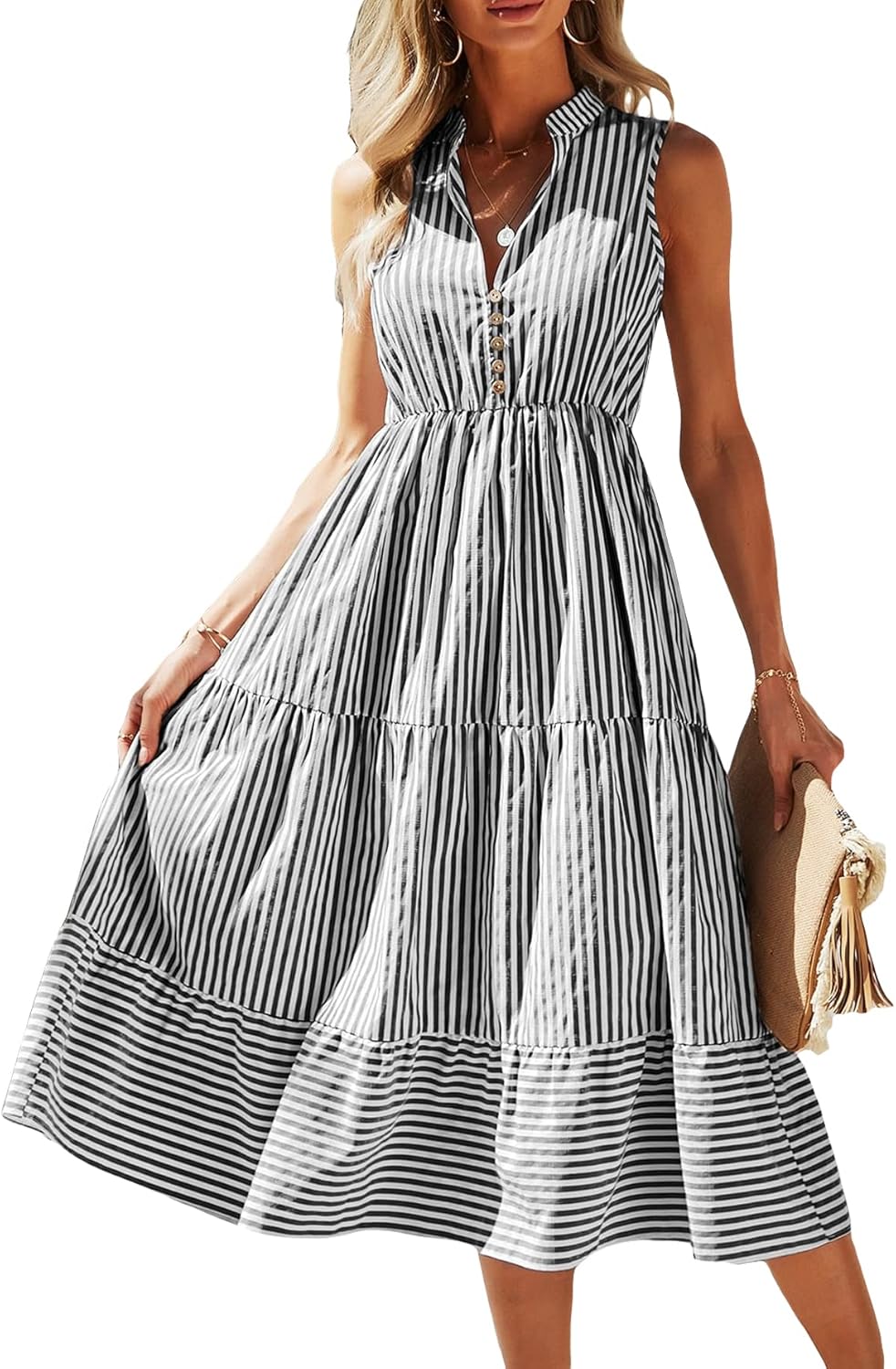 Floerns Women's Striped Print Notched Neck Sleeveless Ruffle A Line Midi Dress