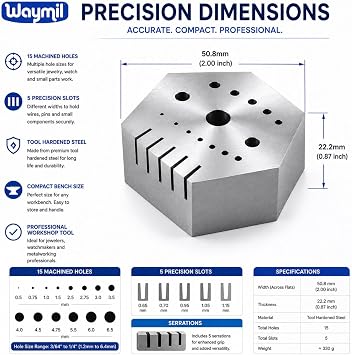 Hexagonal Jewelry & Watchmaker Anvil Block Hardened Steel Staking Riveting Drilling Bench Block with 15 Holes and 5 Slots for Jewelry Repair Metalworking Watchmaking Tools