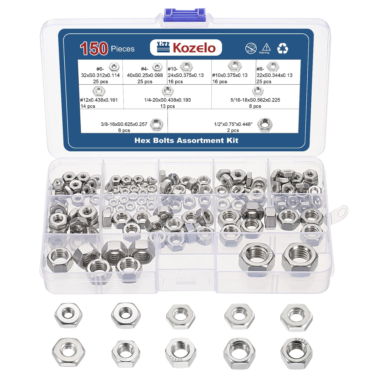 Kozelo 150pcs Hex Nuts Kit - [#4#6#8#10-24#10-32#12 1/4" 5/16" 3/8" 1/2"] 304 Stainless Steel 18-8 (A2-70) Hardware Nuts Assortment Kit for Mechanical Repair & Assembly, Silver