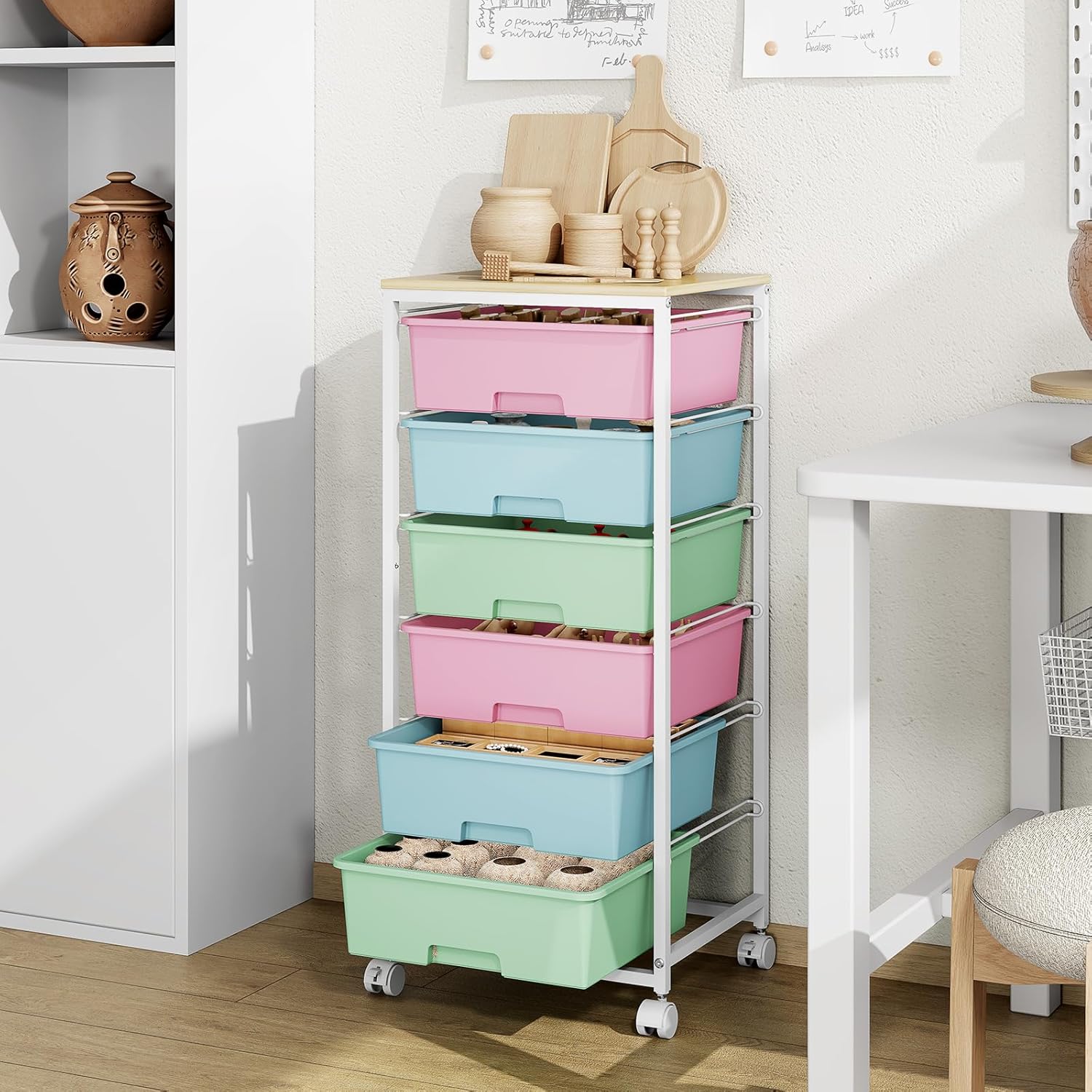 Rolling Storage Cart with 6 Drawers and Wooden Tabletop, Lockable Wheels Utility Cart for Art Studios, Office Supplies & Craft Room Organization (Rainbow)