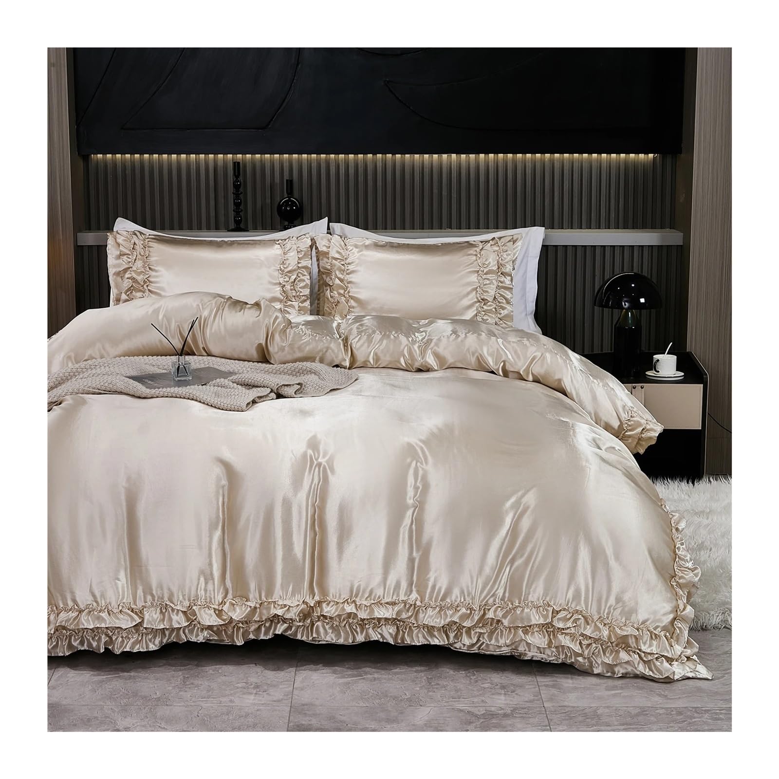 ZHSOAO 3PCS Satin Duvet Cover Set Silk Bedding Silky Ruffle Pattern Luxury Bed for Bed(Khaki,200x200cm-UK-Double)