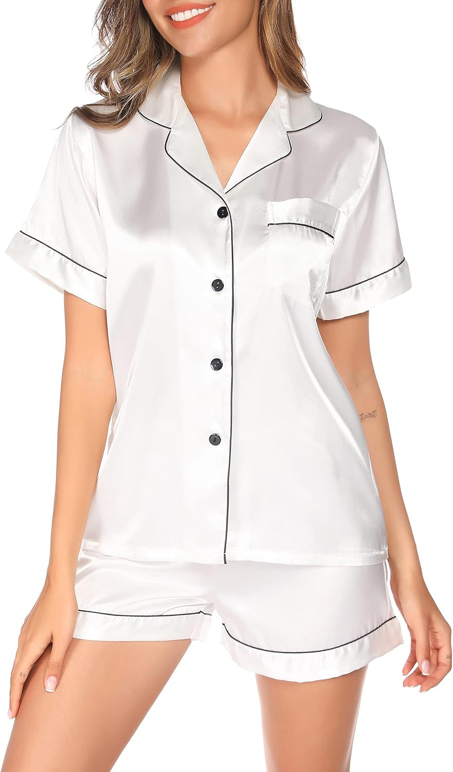 Lovasy Womens Silk Pajamas Set Button Down Satin Sleepwear Short Sleeve Shirt with Shorts 2 Piece Pjs Set Loungewear S-2XL