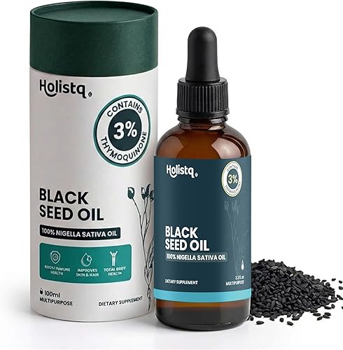 Holistiq Aceite de Semilla Negra Orgánico Prensado en Frío en Gotas | 3% Timoquinona | Sin OMG y Vegano | Aceite de Comino Negro Prensado en Frío