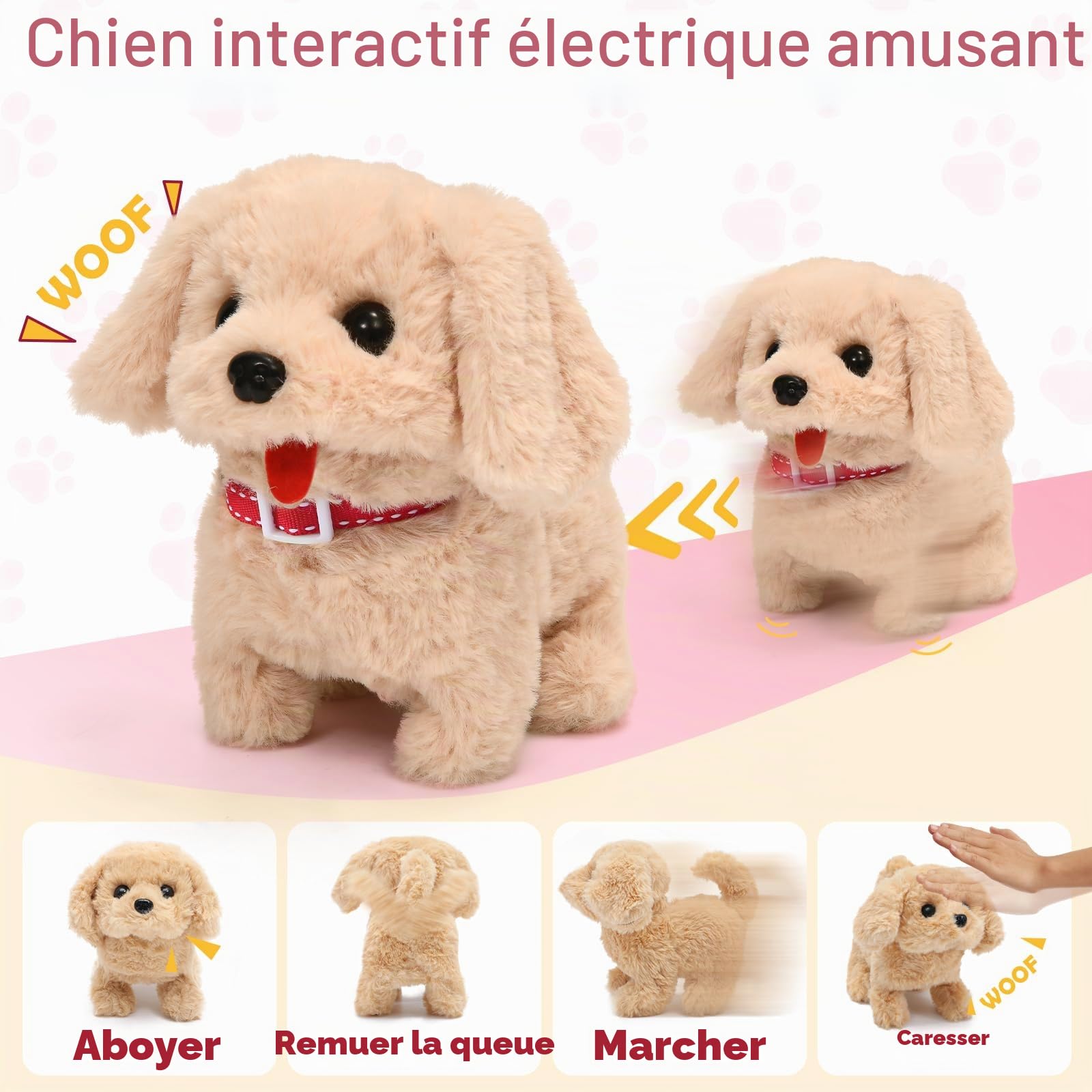 G.C Électrique Chien Jouet Enfant Peluche Chien Qui Marche Aboie et Secouer Queue avec Cage Laisse, Chien Interactif Jouet Toilettage Jeu de Rôle Cadeau Fille Jouet 3 4 5 6 Ans