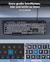 OMOTON Világító Billentyűzet QWERTZ USB-A/C Fekete Nagyobb Gombokkal Időseknek 2