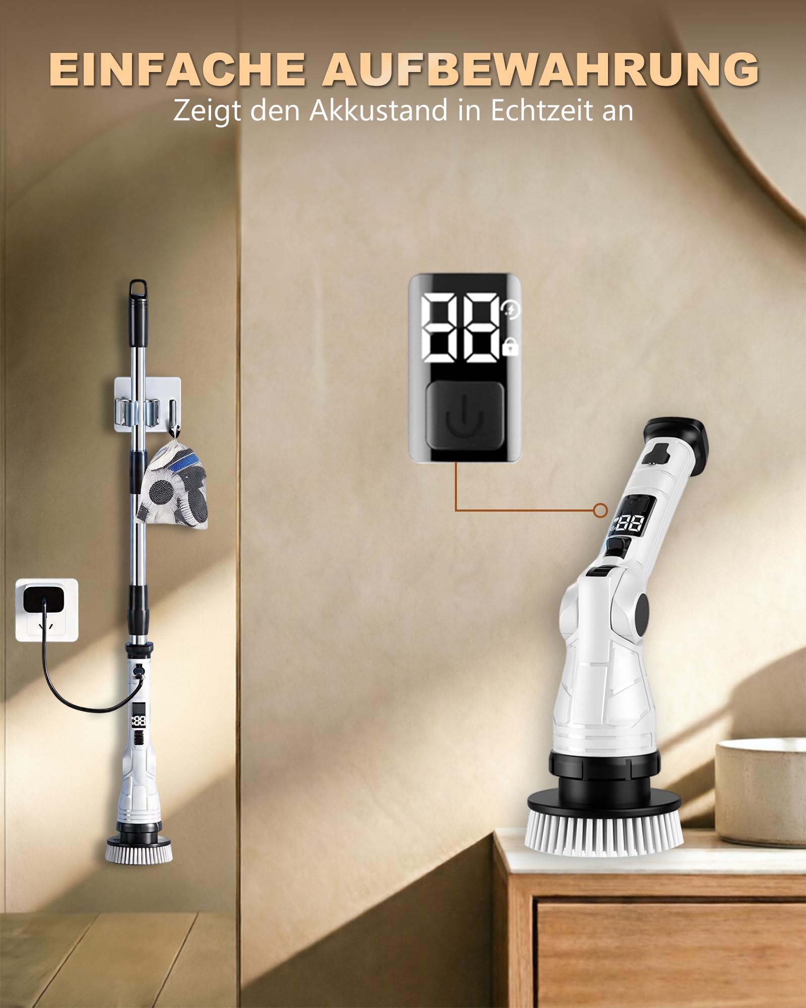 Cepillo de limpieza eléctrico 8 en 1, cepillo de limpieza eléctrico con mango extensible, USB-C, IPX7 impermeable, 3 velocidades, cepillo eléctrico para ducha, azulejos, suelos, cocina