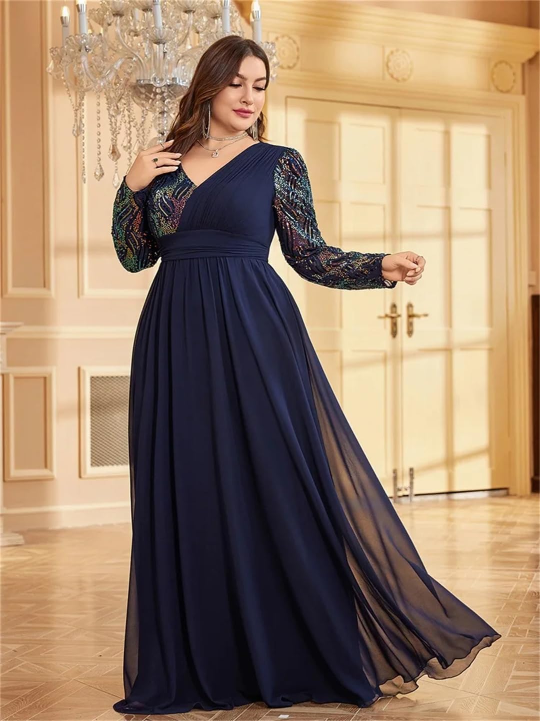 Plus Size Chiffon Long Sleeve Evening Dresses Women Sequin Blue Wedding Party Cocktail Prom Floor Length Gowns