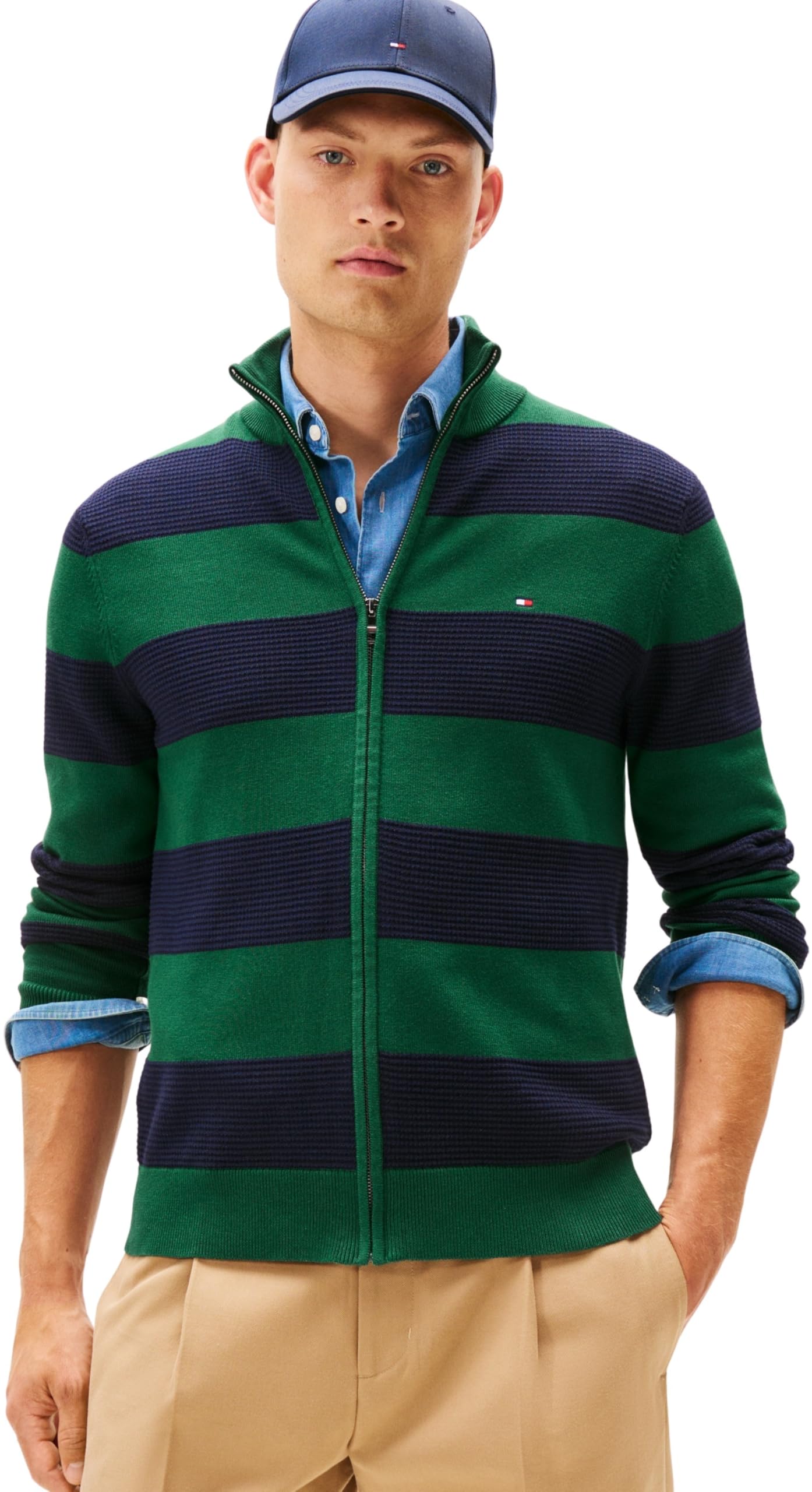 Tommy Hilfiger Herren Pullover mit Reißverschluss Cotton Zip Through mit Stehkragen