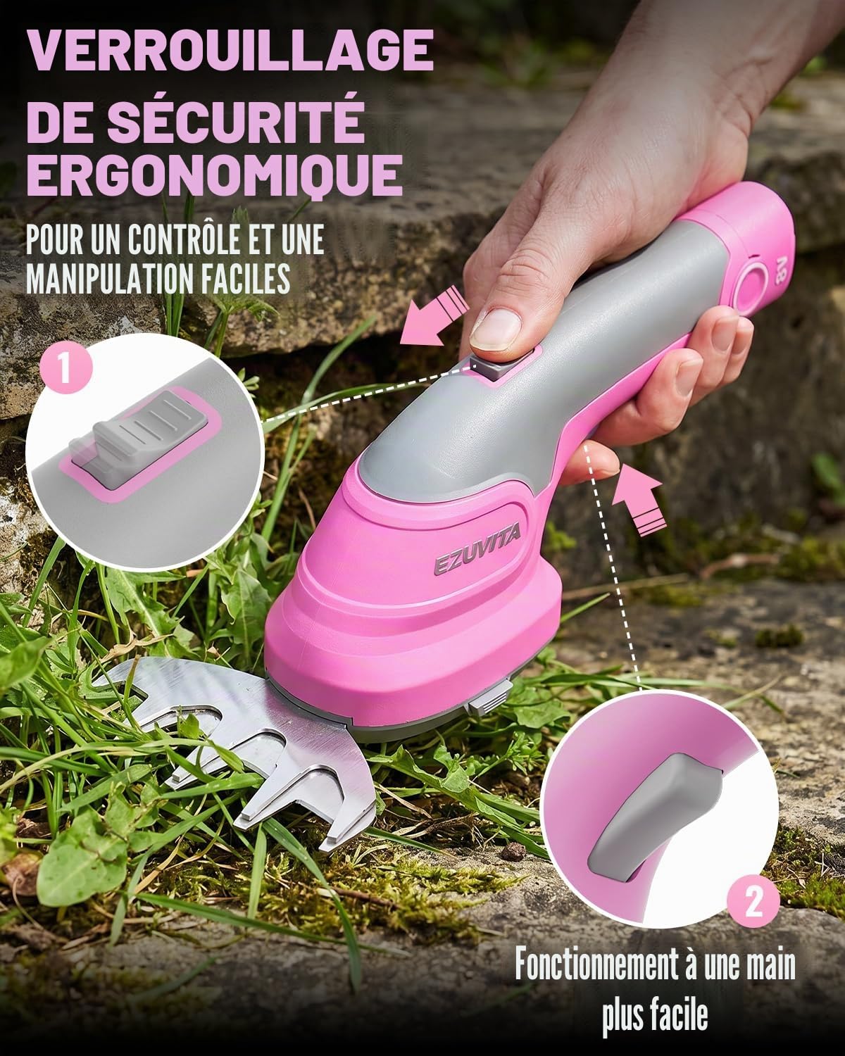 Cisaille à Gazon et Taille-Haie sans Fil 2 en 1, 8V Coupe-Bordure avec Batterie Amovible 2000 mAh, 2 Lames Interchangeables pour Buissons, Arbustes, Branches et Bordures (Rose)