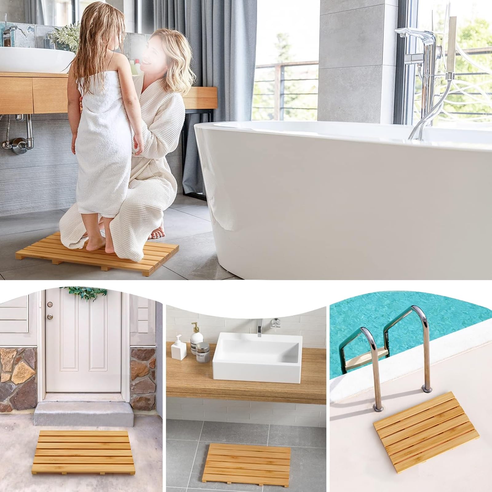 Pedana Doccia Legno,pedana Legno Doccia,Tappetini da docciapedana Doccia Esterna Giardino,per Sauna, Spa, Cucina, Ingresso, Ufficio,Tappetino Doccia in bambù(Natural,W70xL80cm/W28xL31in)
