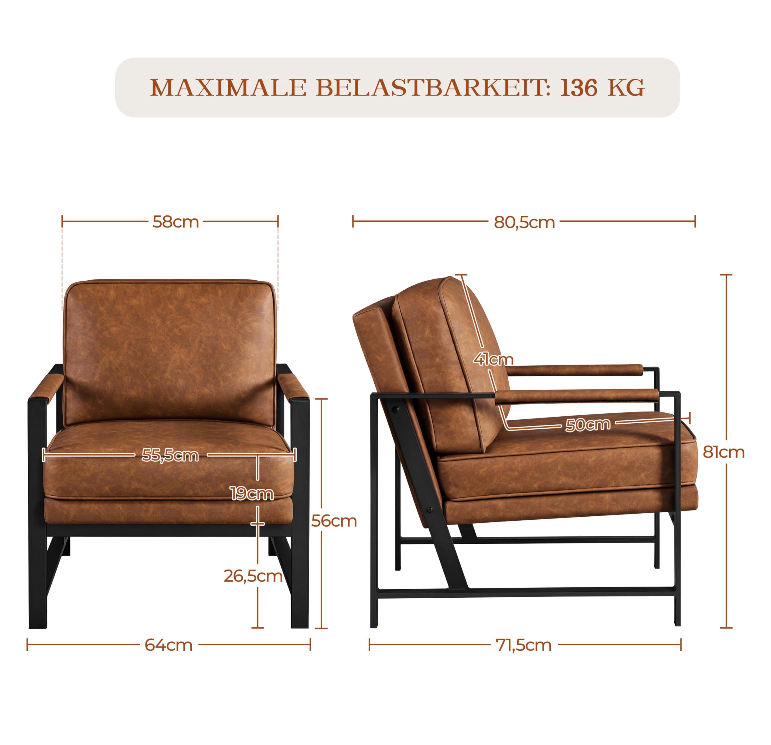 Yaheetech Retro Sessel Stuhl Lehnstuhl Relaxsessel mit Rückenlehne Einzelsessel mit Metallrahmen und Kunstleder, Hellbraun