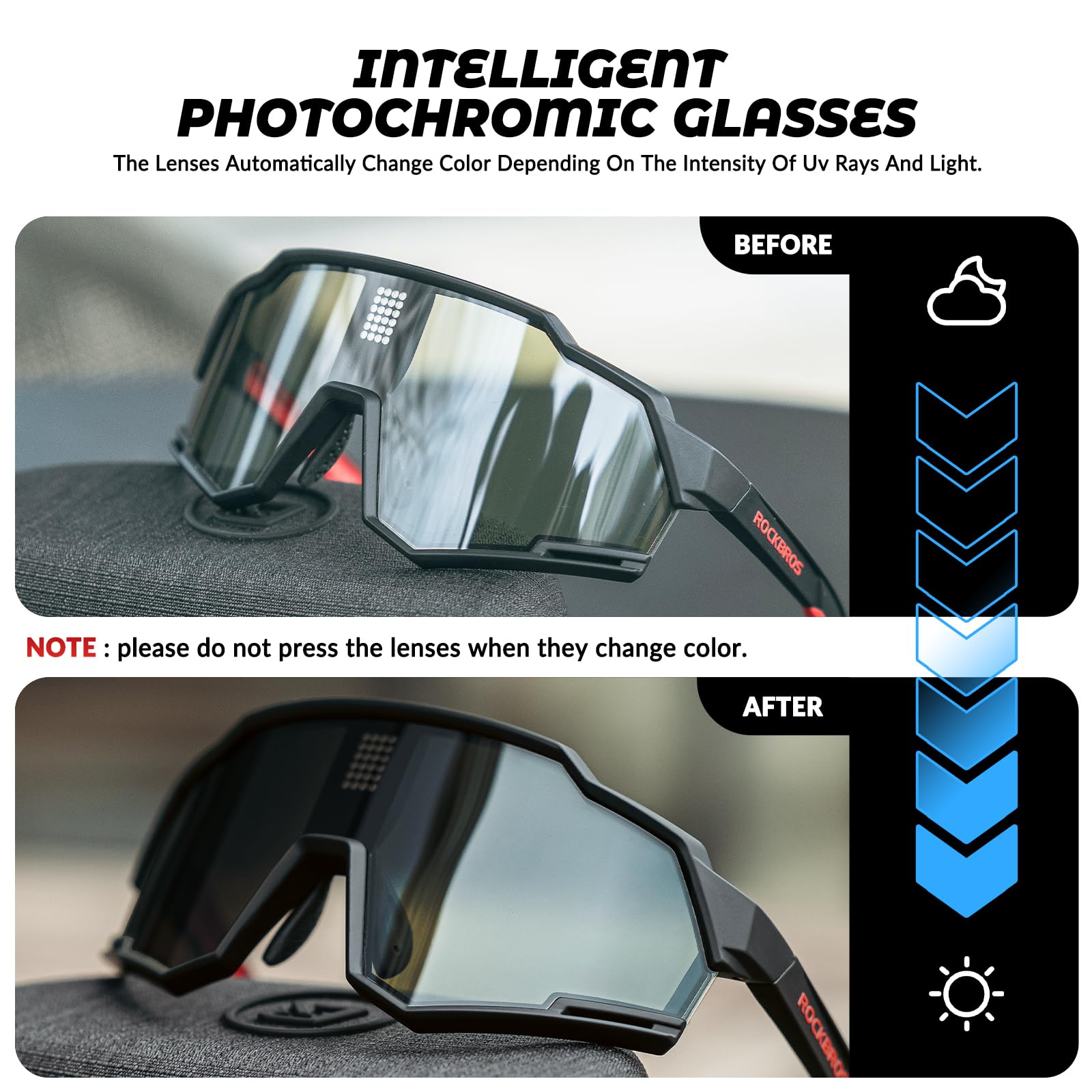 ROCKBROS Fahrradbrillen Selbsttönend + Polarisiert, Intelligente Fahrrad Sonnenbrille Sportbrille Damen Herren UV400 Schutz TR90