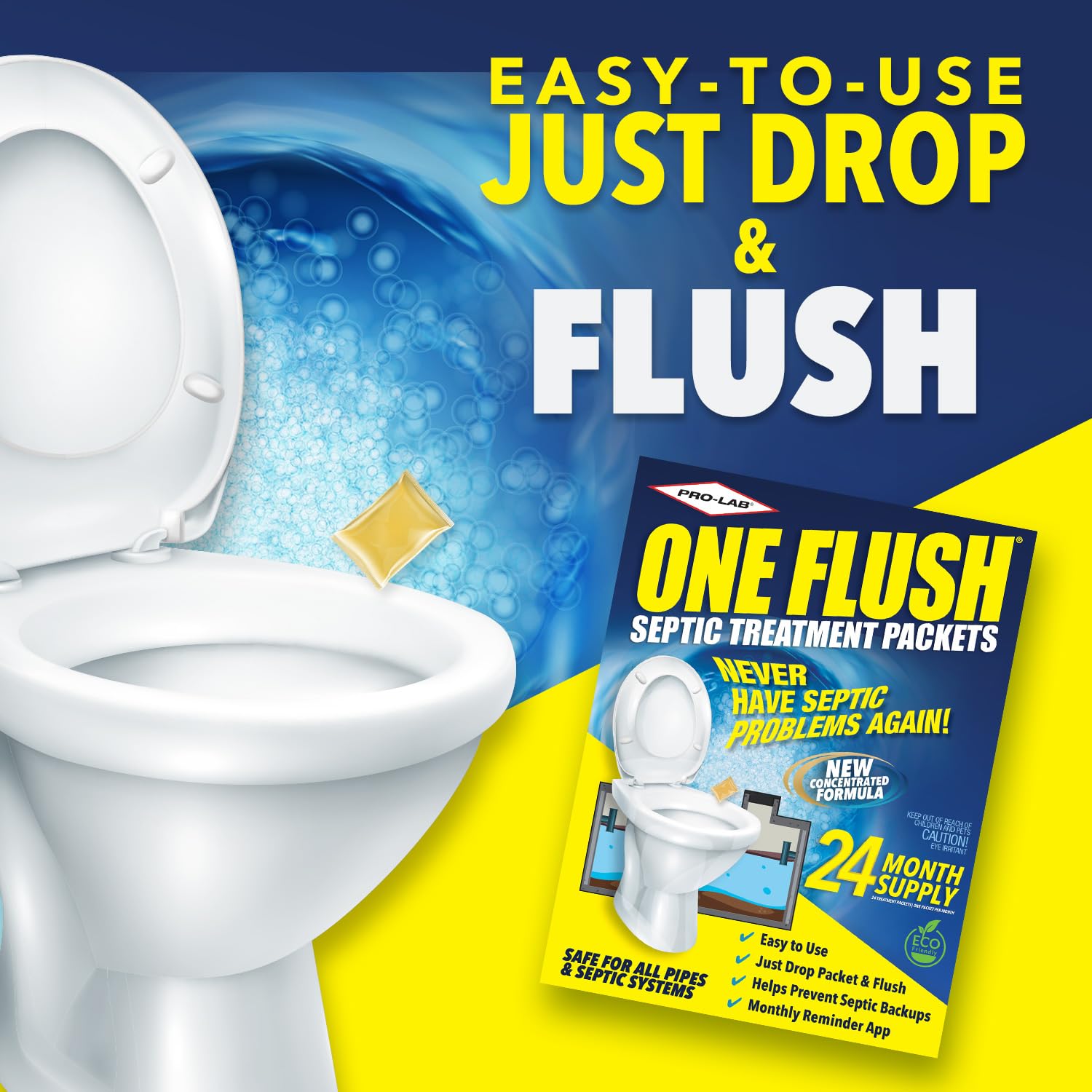 ONE FLUSH Septic Tank Treatment Packets -2 Year Supply of Dissolvable Septic Tank Treatment Packets - Use Septic Treatment Enzymes Packets Monthly to Prevent Septic System Backups