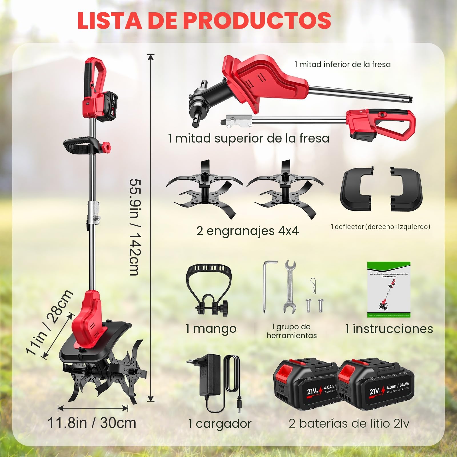 Motoazada Electrica 21V, Motoazada Bateria con 2 x 4.0Ah Bateria, Rodillo Doble 4 Cuchillas, Pantalla LED, Velocidad de 300 RPM, 30 cm de Ancho y 22 cm de Profundidad, Motoazada para Huertos y Patios