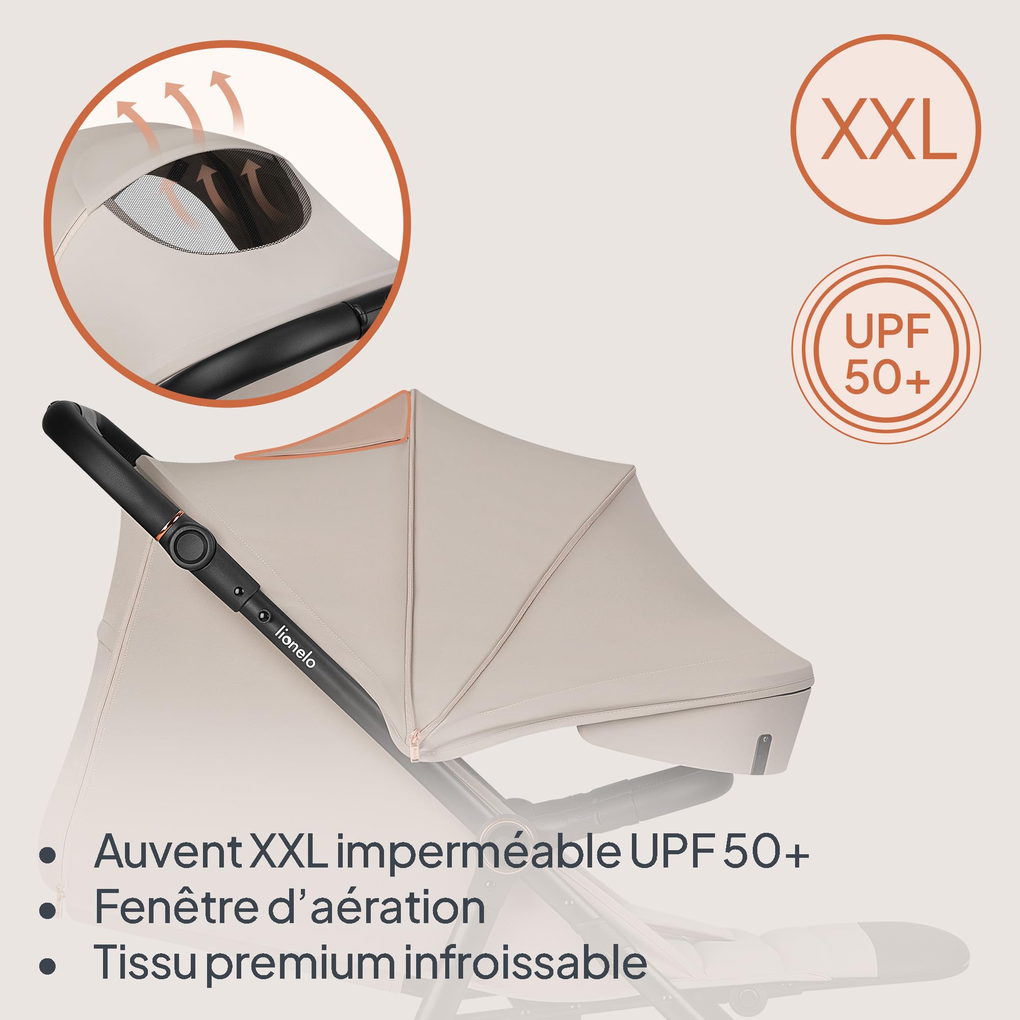 LIONELO IVA Poussette Canne Jusqu'à 22 kg de 6 m à 4 ans Roues Pivotantes à 360° Amortissement Total des Chocs Dossier et Auvent Réglables en Hauteur XXL UPF50+ Tissu de Qualité Supérieure (Beige)