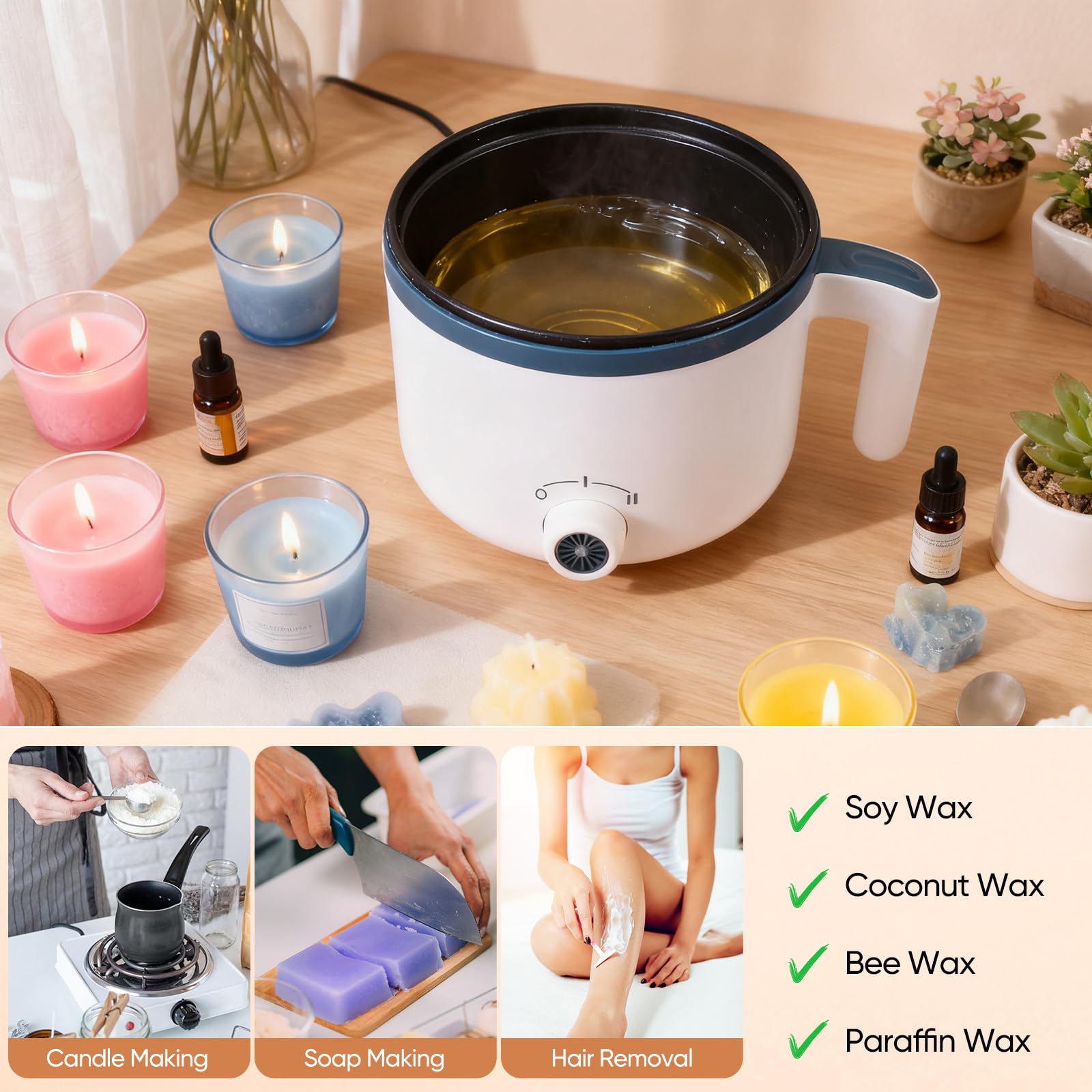 Fondoir Chauffe Cire Bougie,1.8 L Electrique Fondre Cire Bougie avec Bec Verseur, Autocollants pour Mèches, Dispositif de Centrage et Cuillère, kit Fabrication bougie kit Fabrication pour Débutants.
